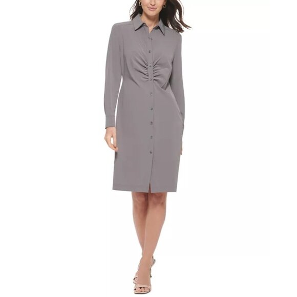 Calvin Klein Button-Front Ruched Shirtdress in Olive Green Size 8 - Picture 1 of 10
